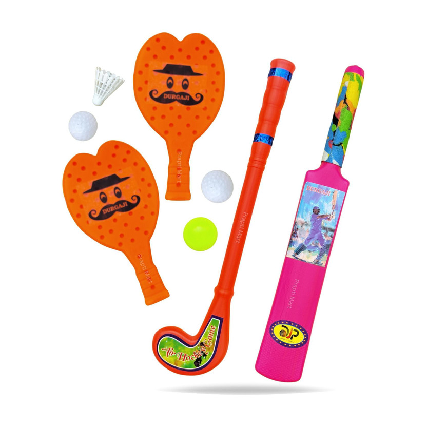 DURGA DURGA JI PLASTIC HOCKEY, BAT BALL & RACKET FOR KIDS SUPER COMBO - MULTICOLOUR (AGE 2+) Cricket - Flipkart Deal