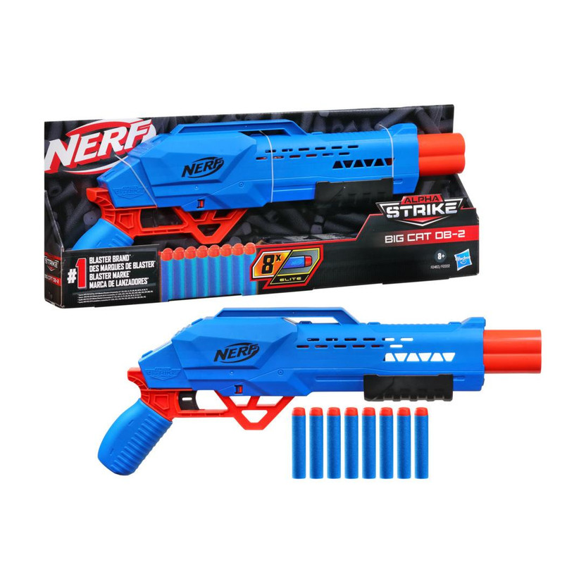 Nerf Alpha Strike Big Cat DB-2 Blaster, Fires 2 Darts in a Row, Incl. 8 Darts, for 8+ Guns & Darts(Multicolor)
