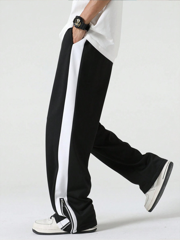 Jump Cuts Striped Men Black Track Pants
