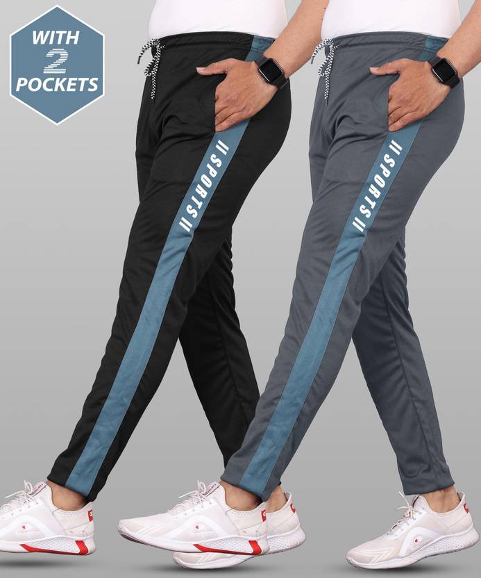 Foxter Pack of 2 Men Striped Grey, Black Track Pants