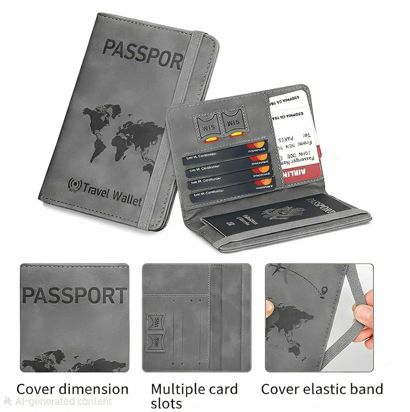 Rioon Grey RFID Passport Cover- Leather Travel Document Organiser with Elastic Band(Grey)