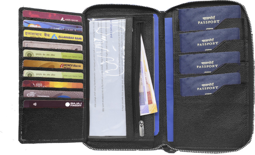 ABYS Black Genuine Leather Passport Cover||Cheque Book Holder||Travel Wallet||Purse with Metallic Zip Closure(Black)