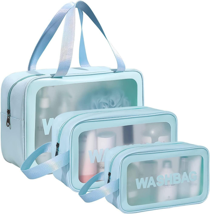 Godadi Wala Transparent Travel Wash Bag Set of 3 | Waterproof Toiletry Organizer for Unisex Travel Toiletry Kit(Blue)
