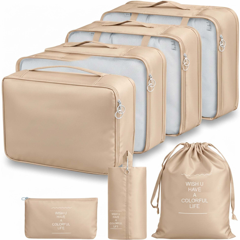 Brandvilla Travel Organizer Packing Cubes Set of 7, Waterproof Storage Pouches(Beige)