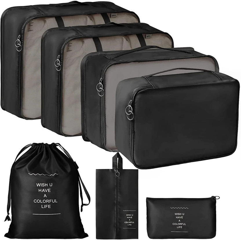 Vervita 7 PCS Luggage Packing Laundry Cubes Organizer Carry Suitcase Clothes Bag Set(Black)