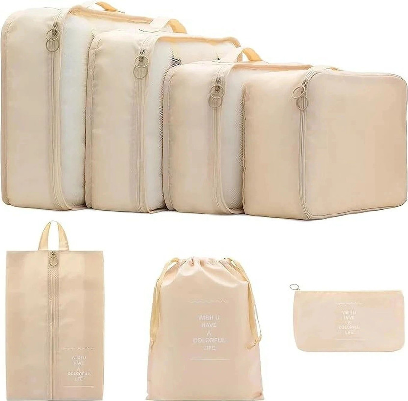 Vervita 7 Set Travel Organizer 3 Packing Cubes + 3 Pouches + 1 Toiletry Organizer Bag(Beige)