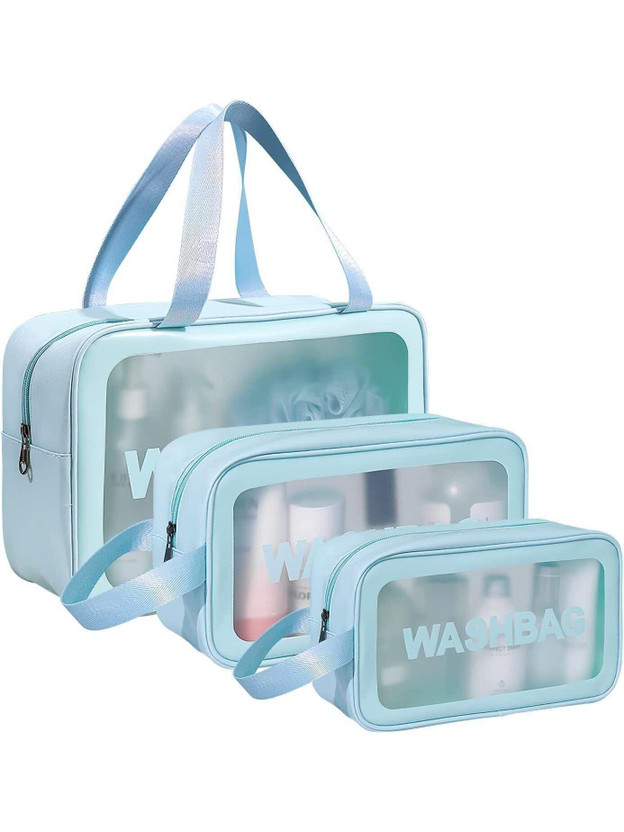 Godadi Wala 3-pieces Wash Bag Transparent Cosmetic Bag, Waterproof Makeup Bag Set Travel Toiletry Kit(Blue)