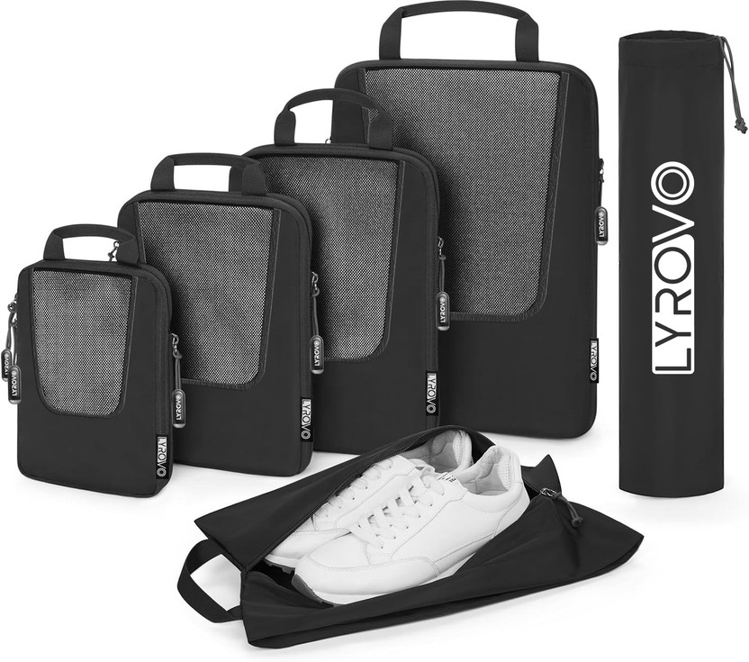 LYROVO Polyester 6 Set Compression Travel Packing Cubes(Black)