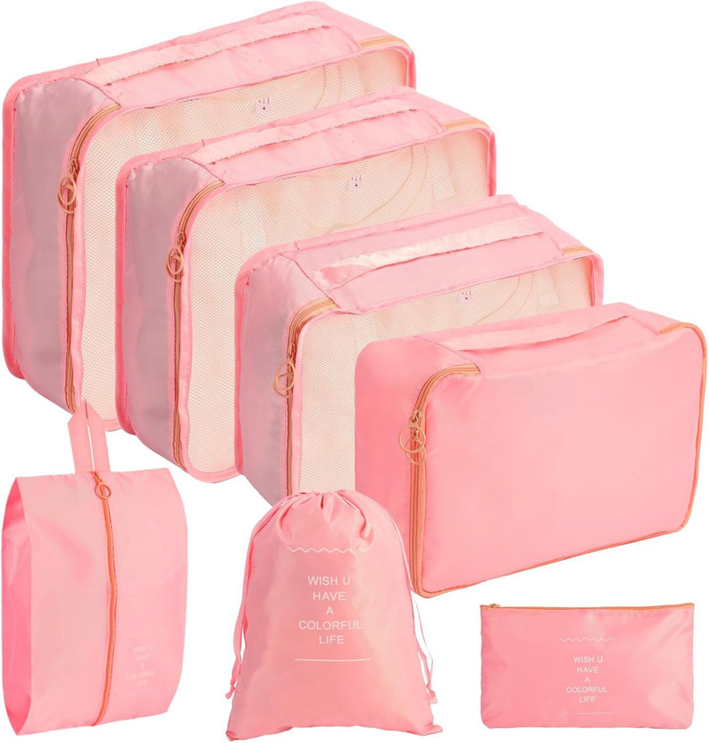 Brandvilla Travel Organizer Packing Cubes Set of 7, Waterproof Storage Pouches(Pink)