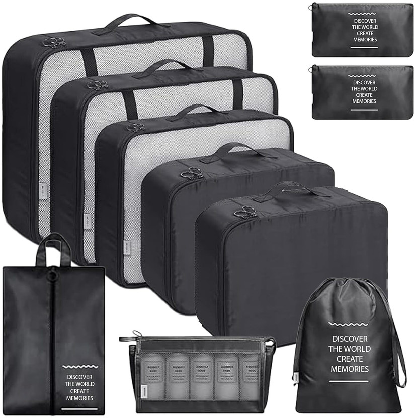 ANSHAURA Travel Organizer Packing Cube Set for Clothes, Shoes & Toiletries (Black) 10 PCS(Black)