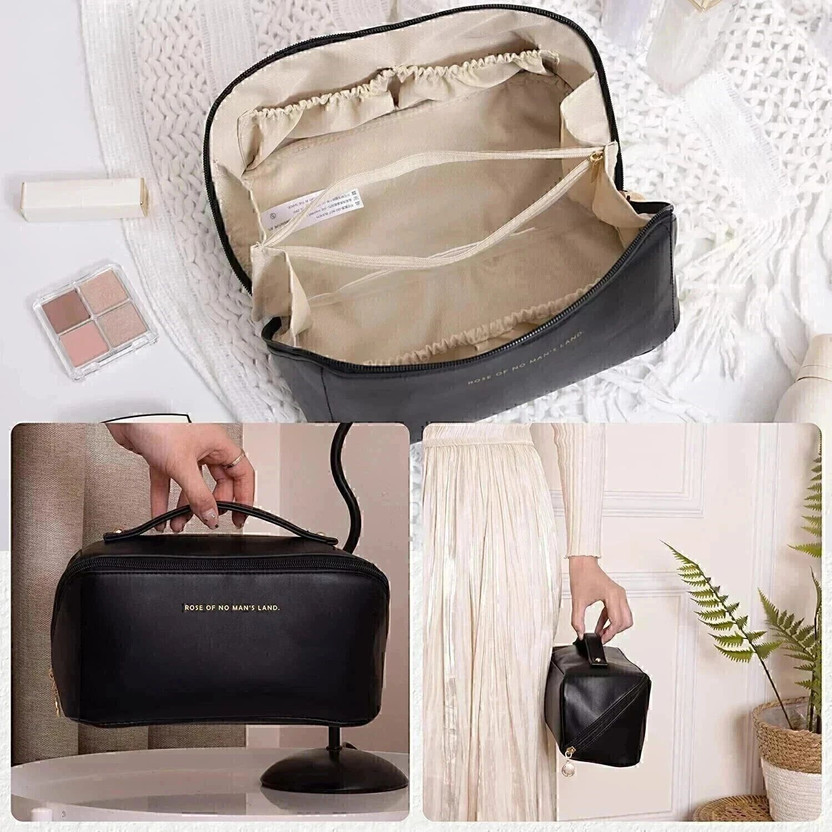 Flywind Travel Makeup Bag, Large Capacity Cosmetic Bags Lay Flat Makeup Bag Travel Toiletry Kit(Black)