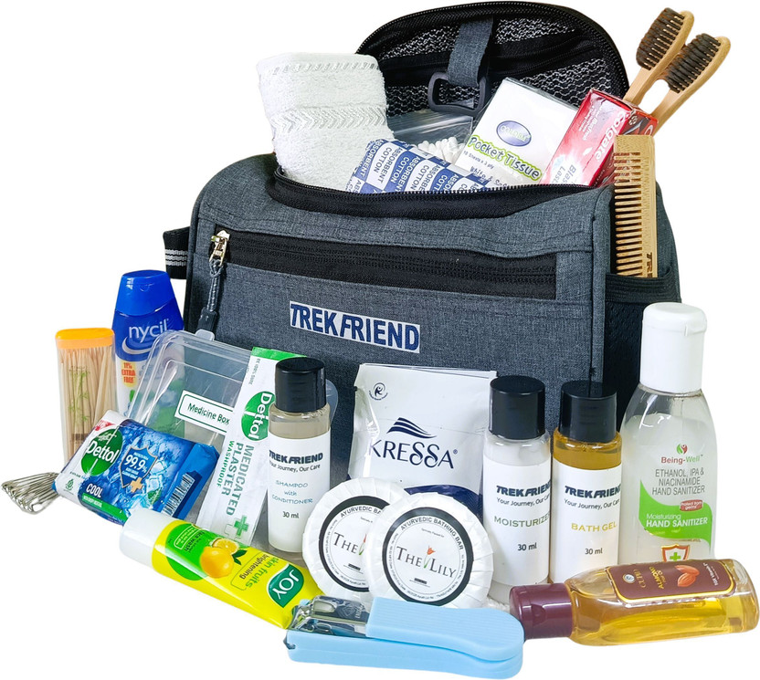 TREKFRIEND All-in-One Travel Essentials Kit – 30+ Items in One Premium Bag Travel Toiletry Kit(Grey)