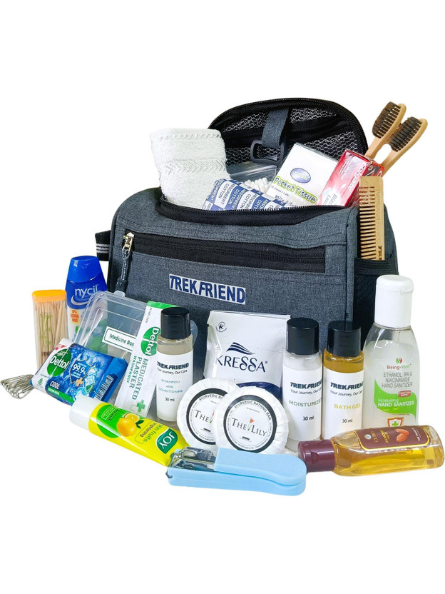 TREKFRIEND All-in-One Travel Essentials Kit – 30+ Items in One Premium Bag Travel Toiletry Kit(Grey)