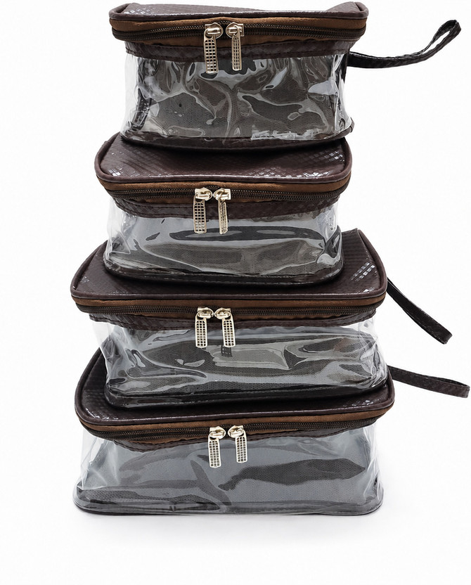 Innovez Travel Toiletry Pouch Set of 4|PVC & Rexine Fabric|Waterproof|Cosmetic Organizer Travel Toiletry Kit(Brown)