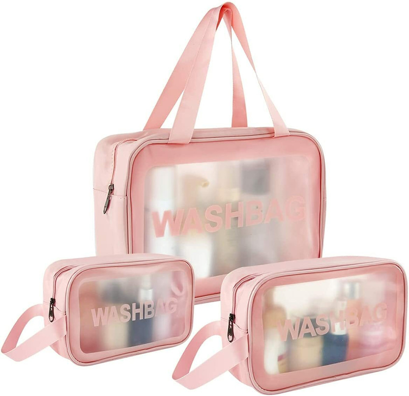 HOUSE OF QUIRK 3Pack Clear Make Up Bag, Waterproof Cosmetic Bag for Women, Handle Toiletry Bag with Zipper Pouch for Travel - Pink(Pink)