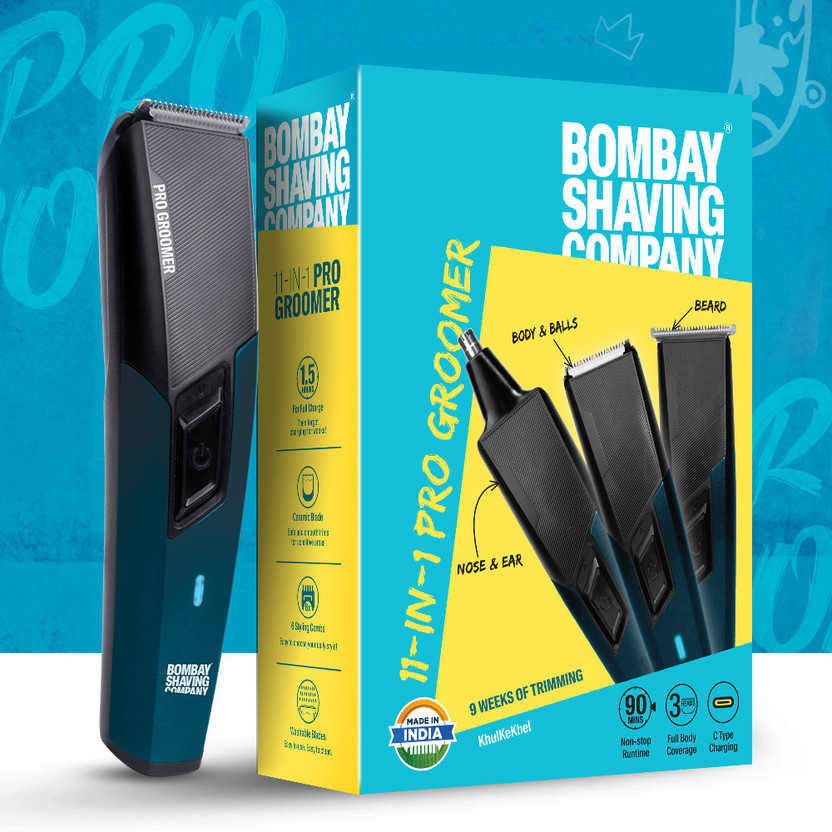 BOMBAY SHAVING COMPANY 11-in-1 Pro Groomer 90-Minute Runtime Full Body Coverage 6 Styling Combs Trimmer 90 min  Runtime 6 Length Settings(Black, Blue)