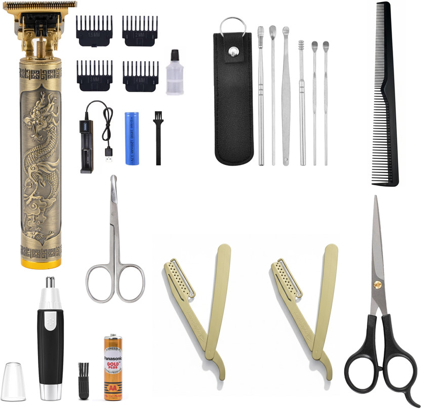 Virth Men's Hair Scissor,Hair Brush,2 Pcs Hair Razor, Nose Scissor,Ear-Kit Beard-Nose Trimmer 120 min  Runtime 0 Length Settings(Gold)