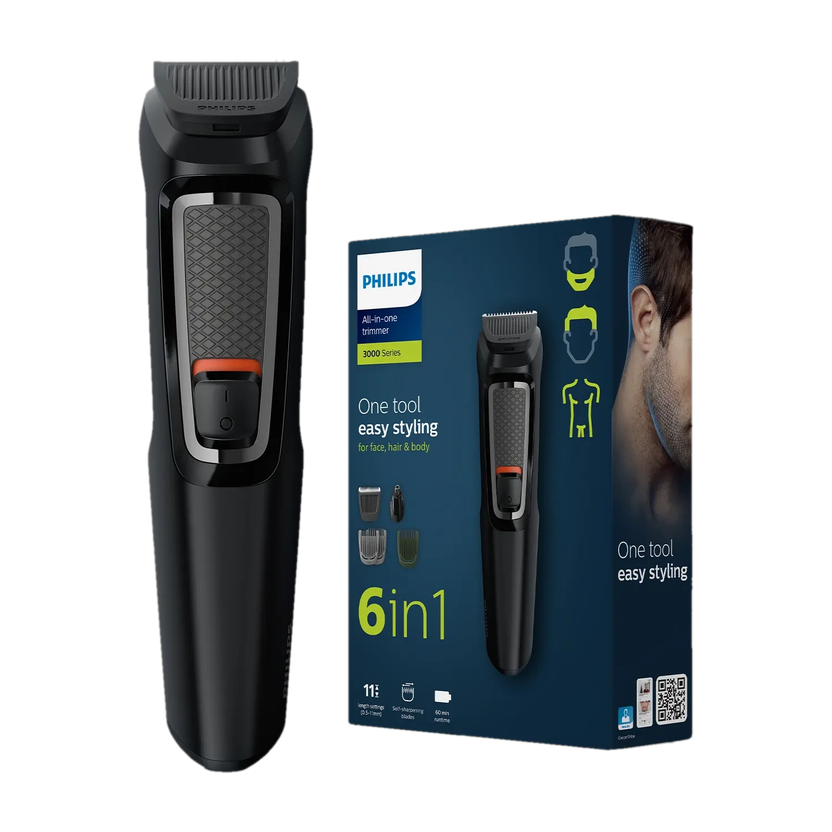 PHILIPS MG3724/30, Multigroomer, Self sharpening Blades Trimmer 60 min  Runtime 7 Length Settings(Black)