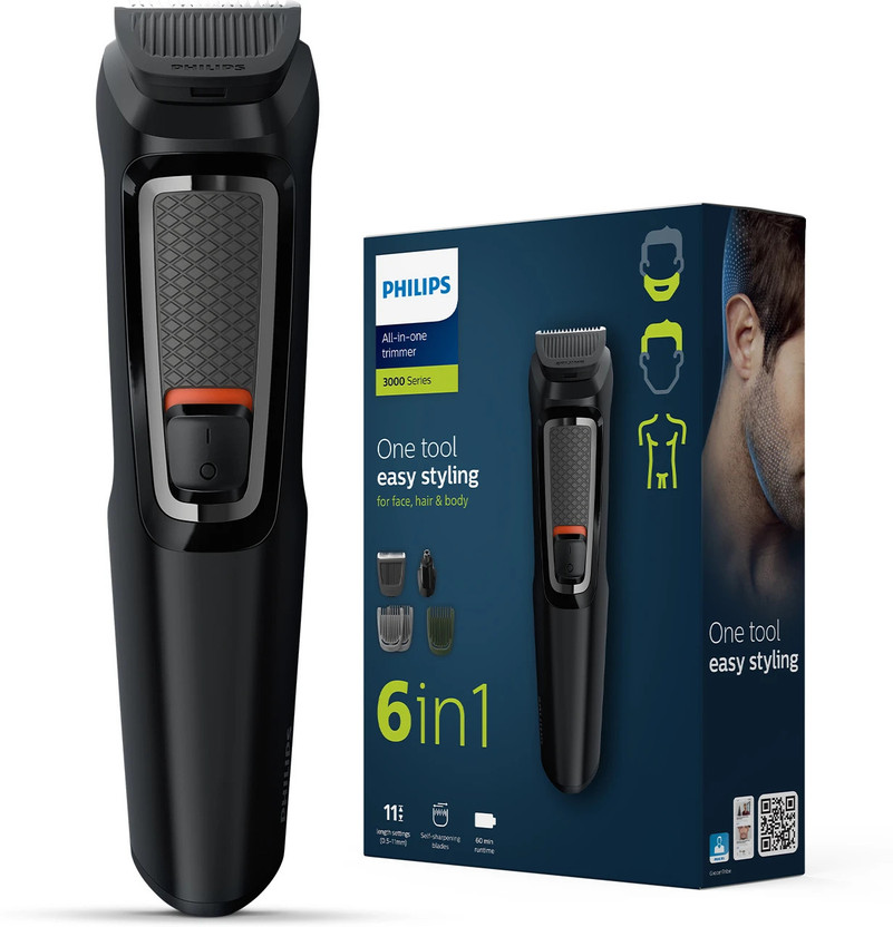 PHILIPS MG3724/30, Multigroomer, Self sharpening Blades Trimmer 60 min  Runtime 7 Length Settings(Black)