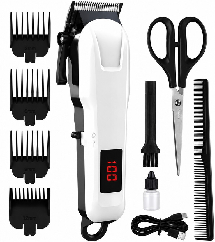 CLINLINSO 809 Hair Clipper Machine with LED Display, 4 Guide Combs & USB Charging Fully Waterproof Trimmer 240 min  Runtime 5 Length Settings(White, Black)