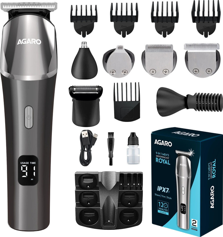 AGARO Royal Multi Grooming Kit, 9 Pieces Multi Grooming Kit For Men, Hair Clippers, Grooming Kit 120 min  Runtime 5 Length Settings(Silver)