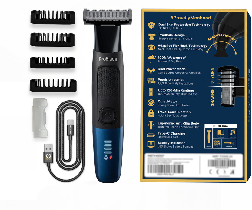 MENHOOD ProBlade 3-in-1 Hybrid Trimmer Shaver USB Type C Electric Shaver For Men Fully Waterproof Trimmer 120 min  Runtime 4 Length Settings(Black, Blue)