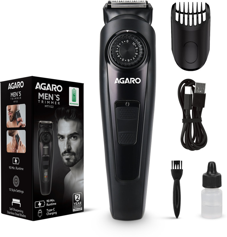 AGARO Beard Trimmer MT1122, 10 Length Settings, Digital Display, USB Rechargeable Trimmer 90 min  Runtime 10 Length Settings(Black)