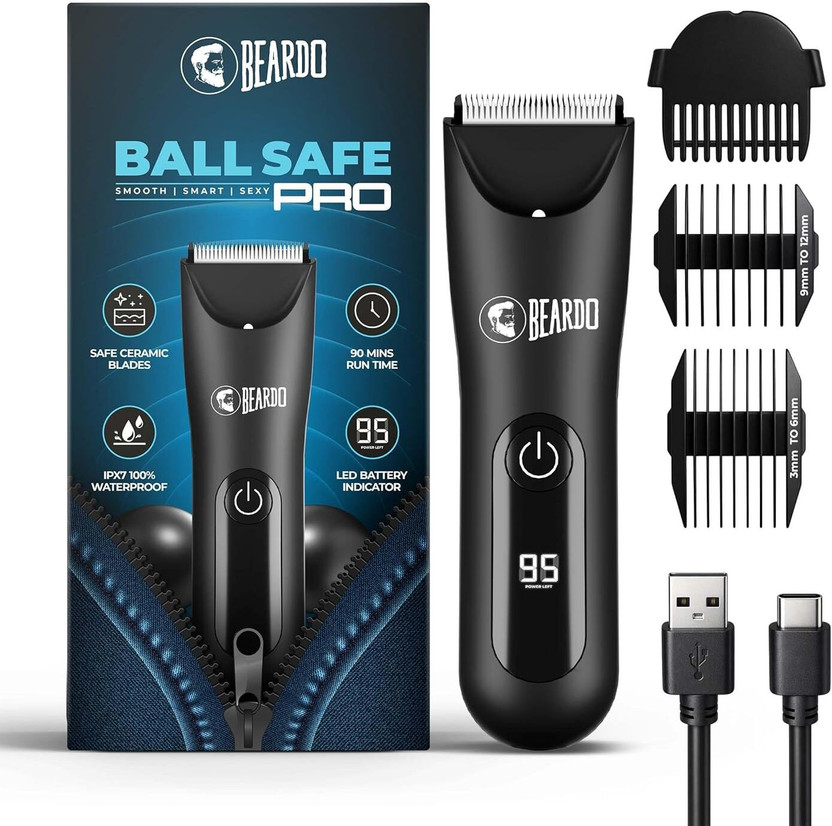 BEARDO Ball Safe Pro Trimmer For Men | Skin Safe Tech Waterproof, Private Parts & Body Fully Waterproof Trimmer 90 min  Runtime 3 Length Settings(Black)