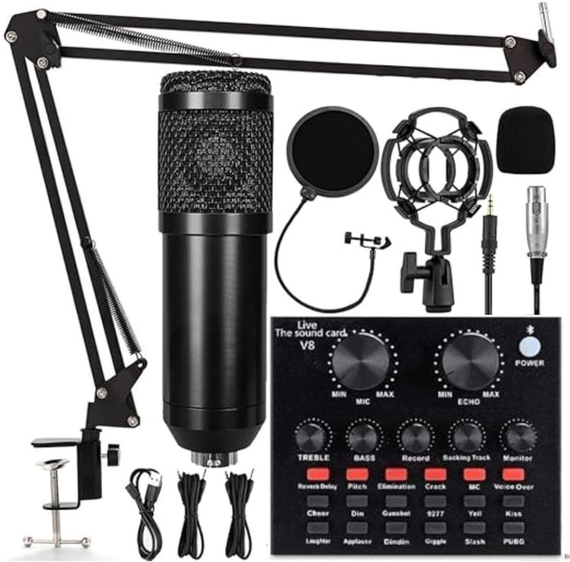Shizuka Professional Grade Studio Recording Microphone Full Setup with V8 Sound Card Tripod Kit(Black, Gold, Supports Up to 1000 g)
