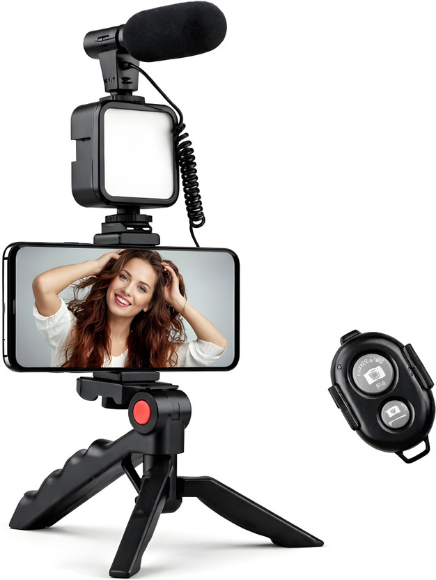 Yachyae Professional 6-in-1 Vlogging Kit with Tripod, LED & Mic for Phone Videos Tripod Kit(Black, Supports Up to 100 g)