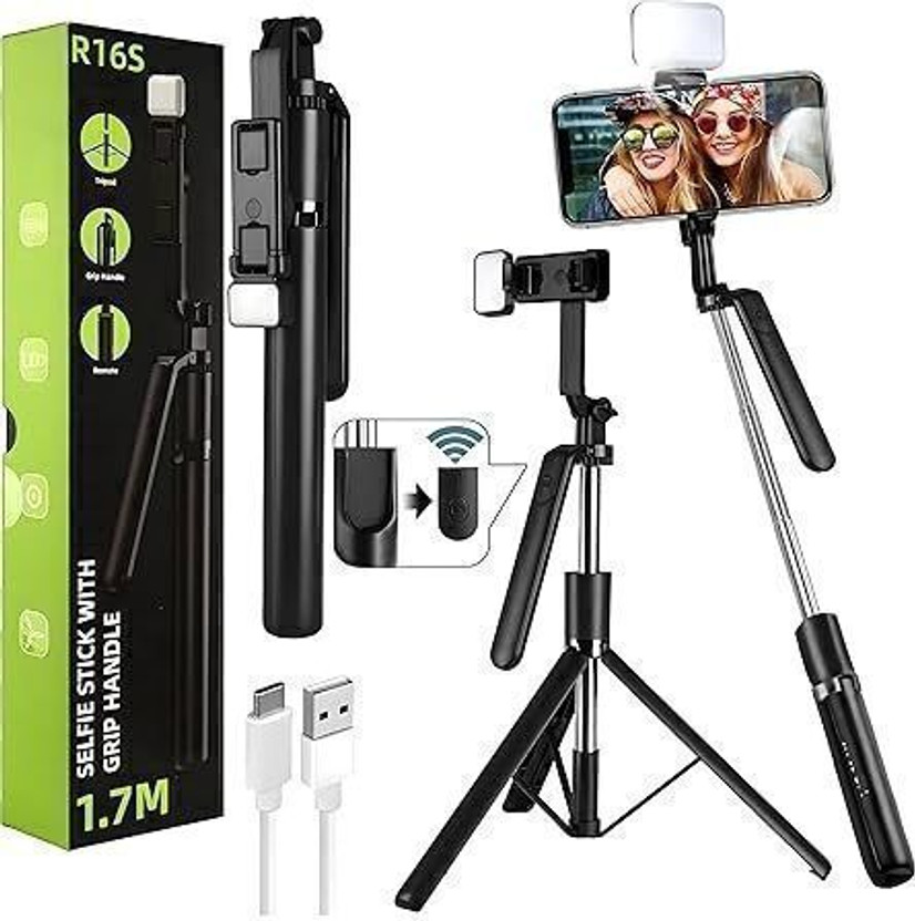 GETGETO R16S Ultra Light Selfie Stick Tripod with Flash Tripod, Monopod Kit, Tripod Kit(Black, Supports Up to 1500 g)