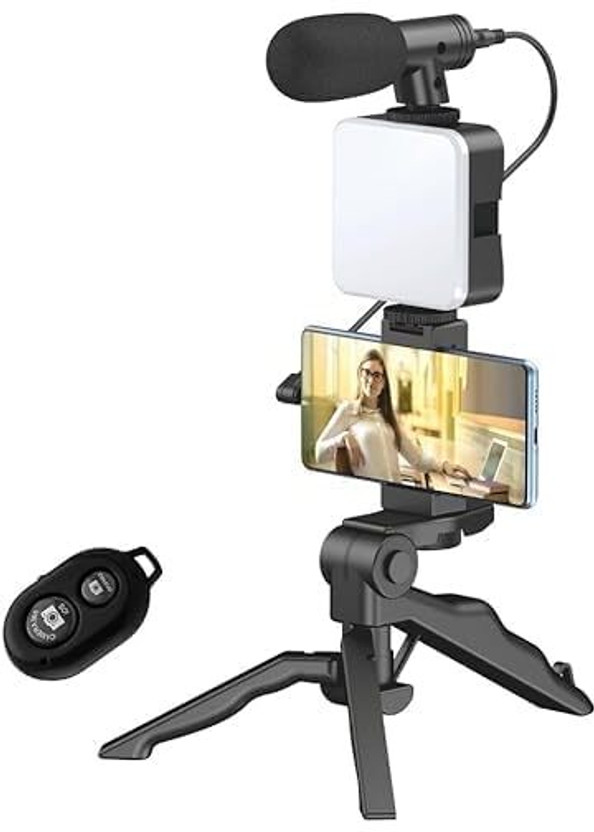 DVIMART Mobile Video Recording Kit with Tripod, Microphone & LED Light for Vlogging Tripod Kit(blek, Supports Up to 1500 g)