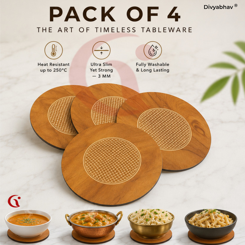 Divyabhav Enterprise Premium Wooden Coaster Set, 20 cm Laser Engraved Heat Resistant Table Protector, Up to 250°C Hot Pot Stand for Dining Table, Kitchen, Hotels, Cafés & Restaurants Trivet(Pack of 4)