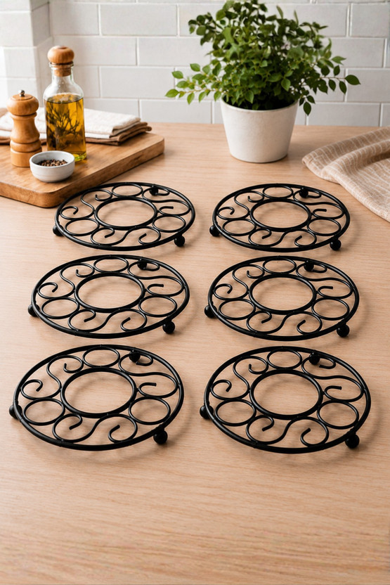 R.R.V. International TRIVETS O DESIGN Glossy Black Powder Coating Trivet(Pack of 6)