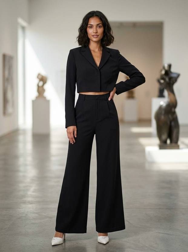 kotty women regular fit black polyester trousers