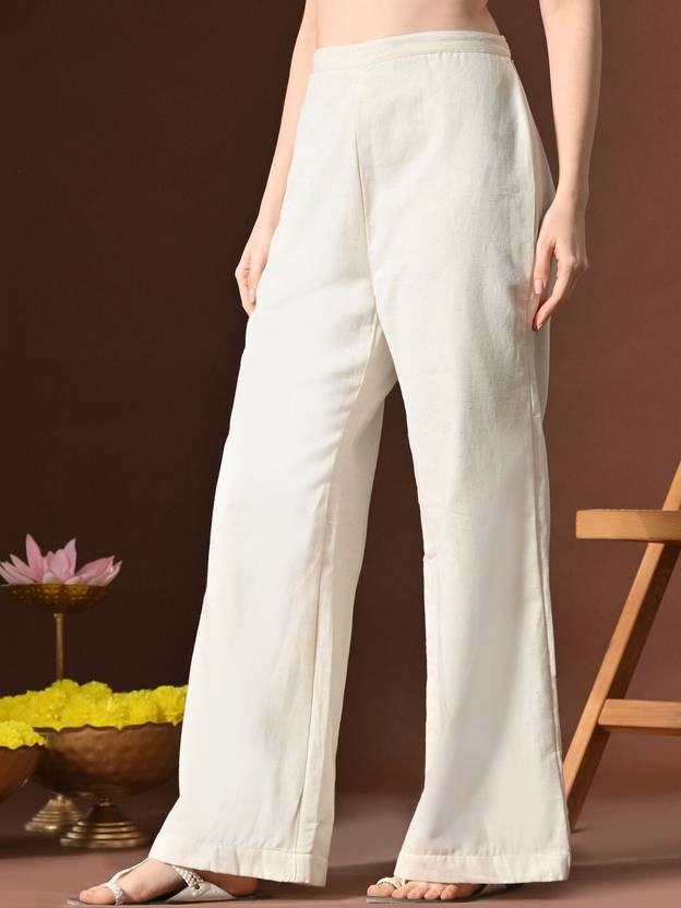 sangakurti women loose fit white cotton blend trousers