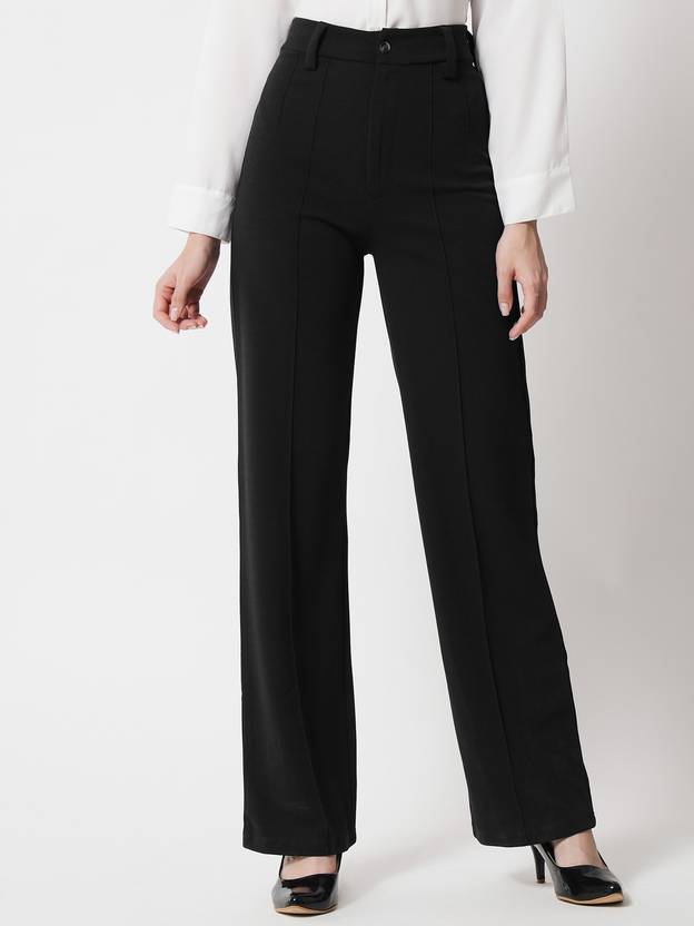 kotty women regular fit black viscose rayon trousers