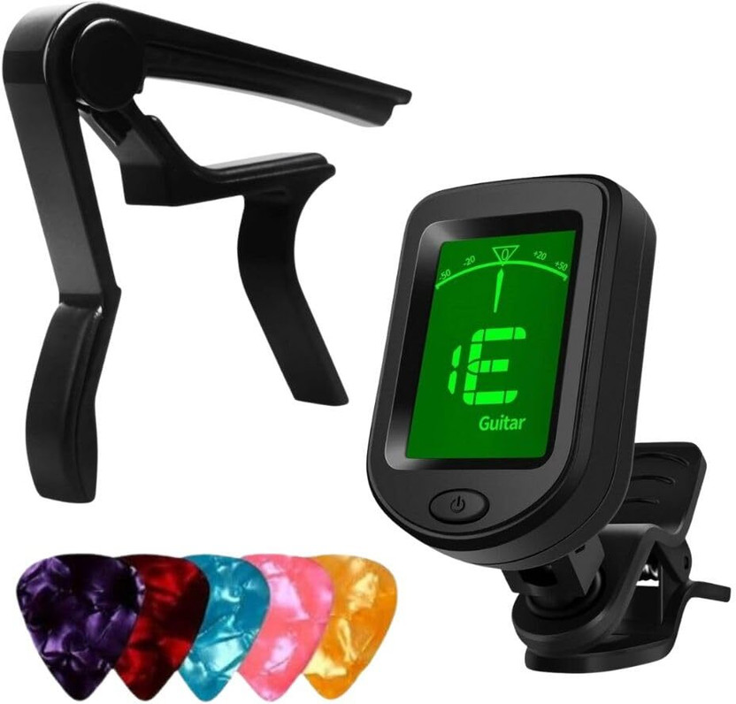 IMAGINEA Combo Kit with Digital Clip-On Tuner, Guitar Capo, 5 Picks | Tuner and Capo Set Automatic Digital Tuner(Chromatic: Yes, Multicolor)