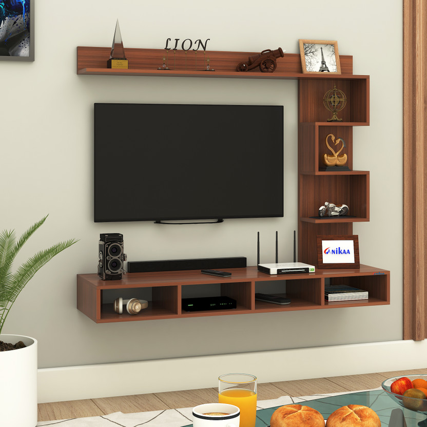 ANIKAA Laura Wall-Mount TV Unit Cabinet with Storage Box & Decorative Shelves Engineered Wood TV Entertainment Unit(Finish Color - Walnut, DIY(Do-It-Yourself))