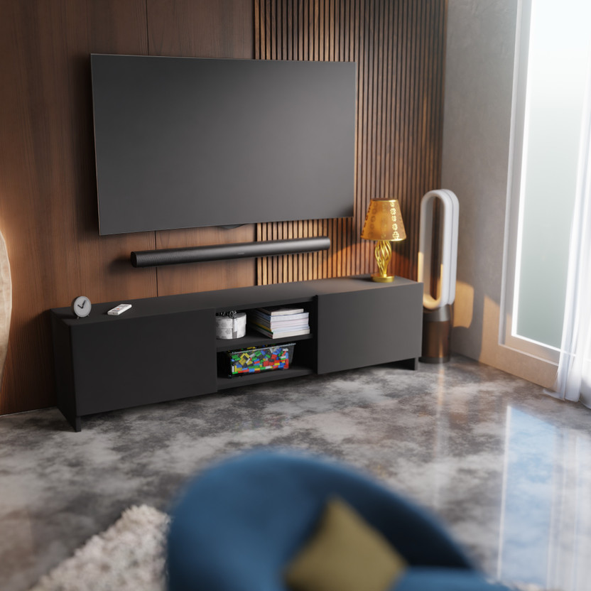 Flipkart Perfect Homes Modern TV Cabinet for Living Room with Storage Shelves and Closed Cabinets Engineered Wood TV Entertainment Unit(Finish Color - Black, DIY(Do-It-Yourself))