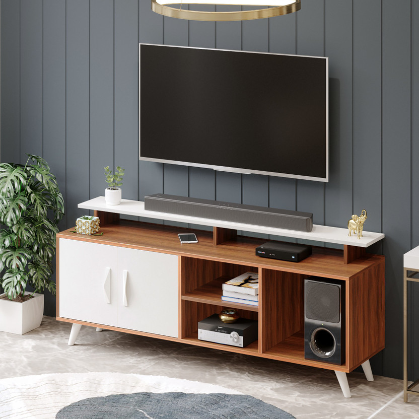 BLUEWUD Skiddo TV Unit With Storage Shelves for Books & Décor Upto 55 Inches TV Engineered Wood TV Entertainment Unit(Finish Color - Walnut & White, DIY(Do-It-Yourself))