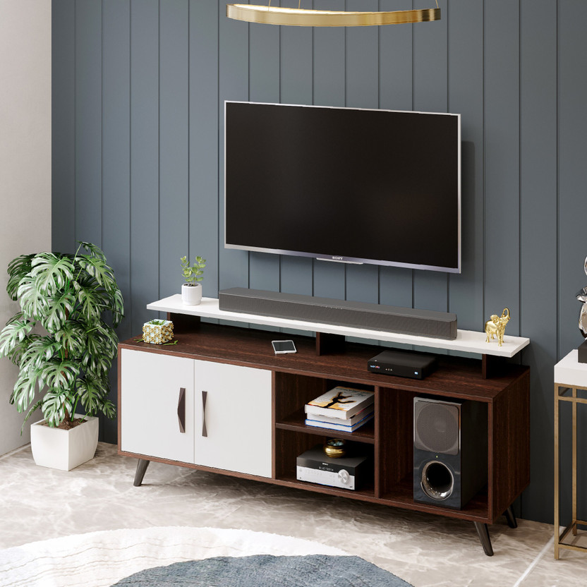 BLUEWUD Skiddo TV Unit With Storage Shelves for Books & Décor Upto 55 Inches TV Engineered Wood TV Entertainment Unit(Finish Color - Wenge & White, DIY(Do-It-Yourself))