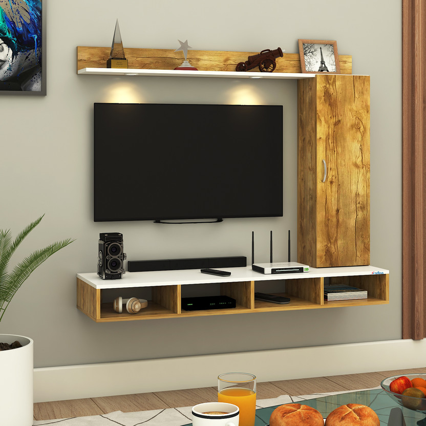 ANIKAA Dorex Wall Mounted TV Unit with LED Lights, Storage Cabinet & Display Shelf Engineered Wood TV Entertainment Unit(Finish Color - Gaintwood/White, DIY(Do-It-Yourself))