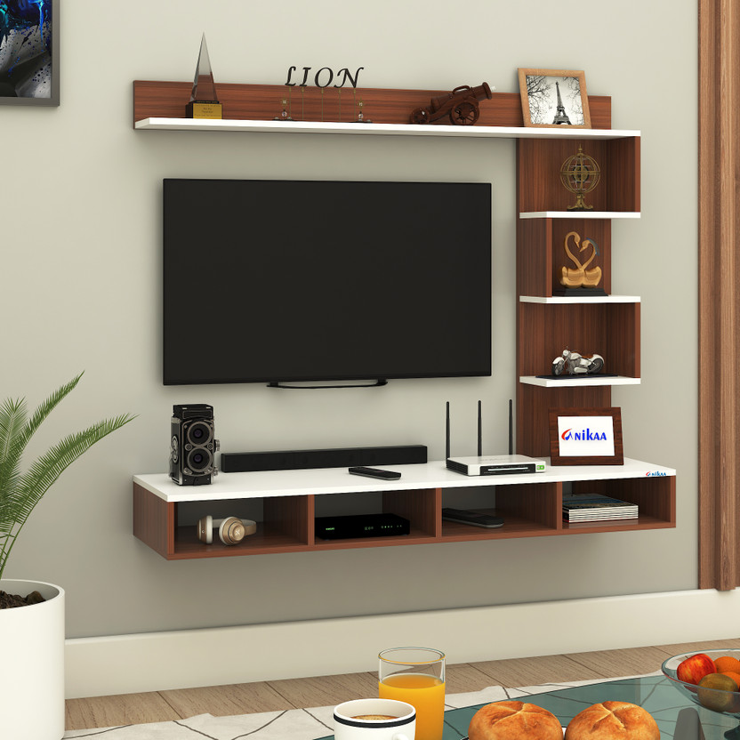 ANIKAA Laura Wall-Mount TV Unit Cabinet with Storage Box & Decorative Shelves Engineered Wood TV Entertainment Unit(Finish Color - Walnut White, DIY(Do-It-Yourself))