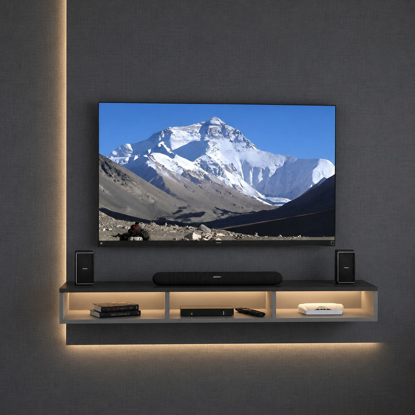 K K HANDICRAFTS Stylish Wooden TV Wall Shelf Unit for Home & Living Room Decoration Engineered Wood TV Entertainment Unit(Finish Color - Black Grey, DIY(Do-It-Yourself))