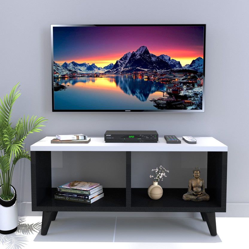 Furnifry TV Table for Home Living Room/2 Decker TV Stand/TV Console Table Storage Shelves Engineered Wood TV Entertainment Unit(Finish Color - Black and White, DIY(Do-It-Yourself))