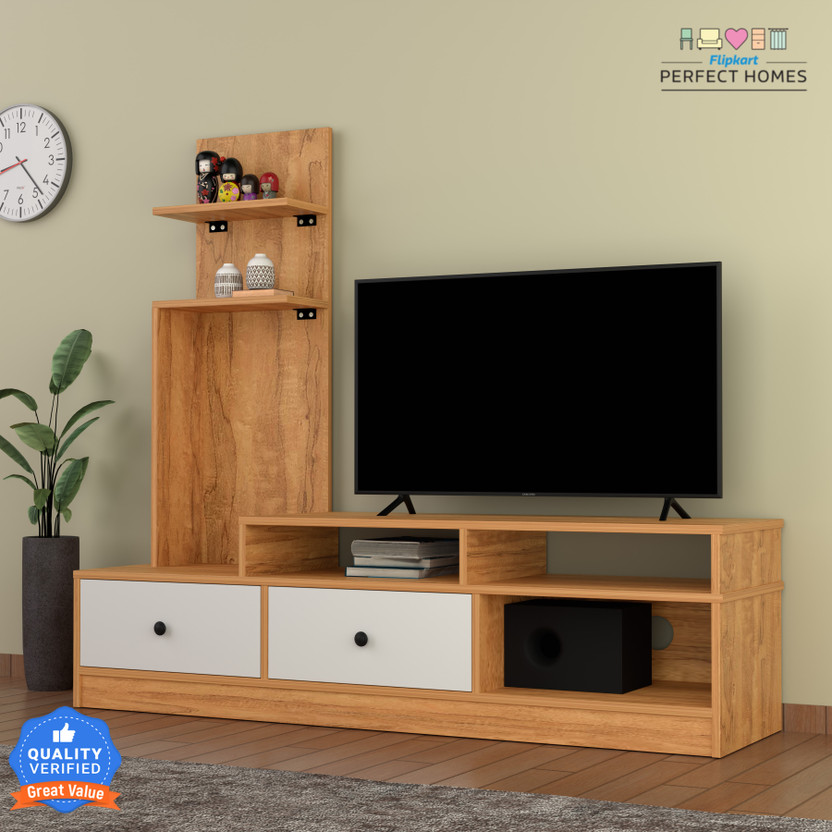 Flipkart Perfect Homes Sirena Engineered Wood TV Entertainment Unit(Finish Color - Melamine SP Coach Wood & Frosty White SIB, Knock Down)