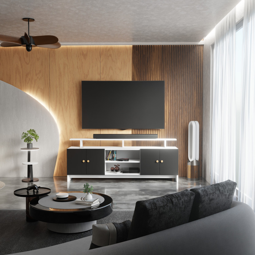 Flipkart Perfect Homes TV Stand Table for Living Room | TV Unit Cabinet Furniture for Home |Living room Engineered Wood TV Entertainment Unit(Finish Color - White & Black, DIY(Do-It-Yourself))