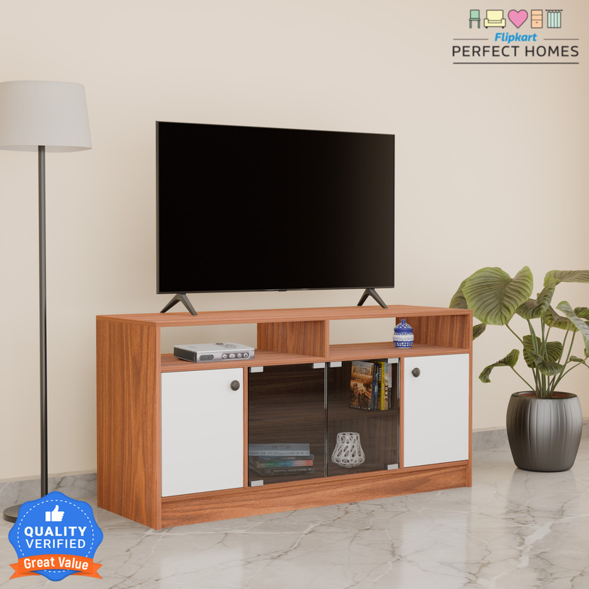 Flipkart Perfect Homes Phonox Engineered Wood TV Entertainment Unit(Finish Color - Melamine American Walnut & White, Knock Down)