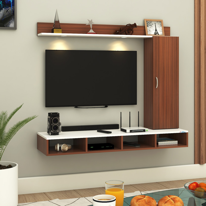 ANIKAA Dorex Wall Mounted TV Unit with LED Lights, Storage Cabinet & Display Shelf Engineered Wood TV Entertainment Unit(Finish Color - Walnut/White, DIY(Do-It-Yourself))